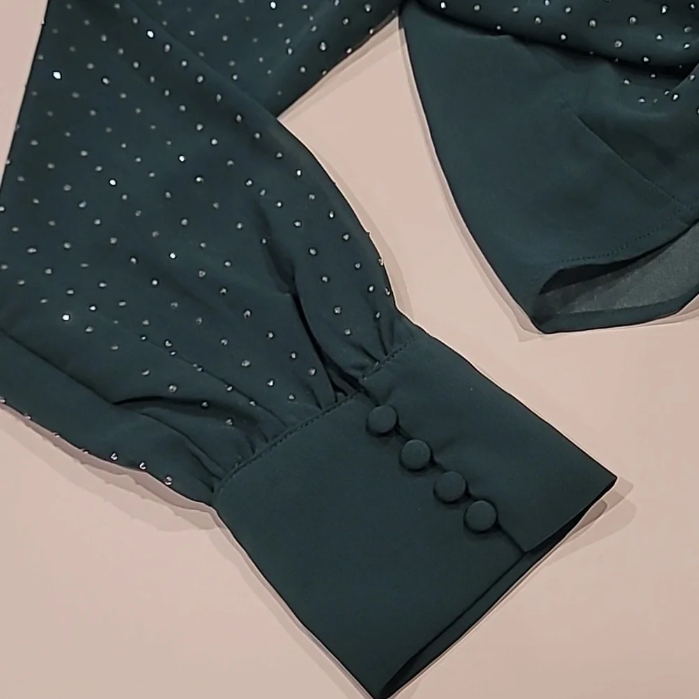 Top Chic Tie Front Semi Sheer Sparkle Studded Cropped Blouse Forest Green L - Picture 5 of 14